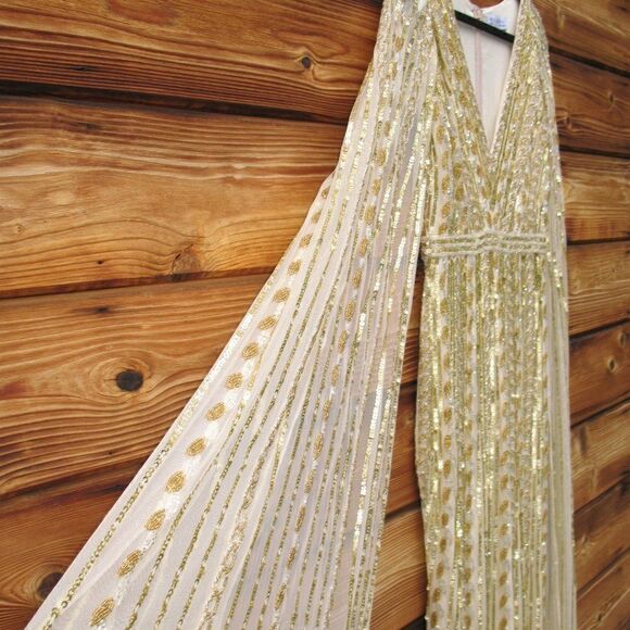 Mac Duggal 5915 Womens Nude Gold SEQUINED V-NECK GOWN  Dress WITH CAPE SLEEVES - Picture 8 of 14